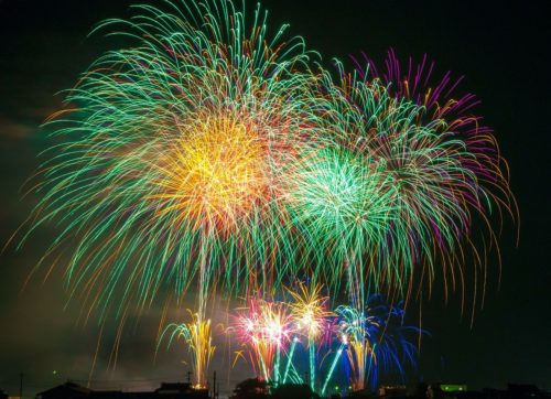 Bright, colorful fireworks burst in the night sky, displaying shades of green, yellow, pink, and blue. The vibrant spectacle illuminates the dark backdrop, creating a festive and celebratory atmosphere while reminding everyone to prioritize fireworks safety.